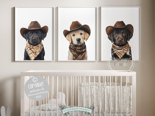 Cuteness overload! Add a dash of rustic charm to your baby’s nursery with our Cowboy Nursery Prints, featuring adorable chocolate, yellow, and black Labrador puppies all decked out in cowboy hats and neutral brown check bandanas. Perfect for dog-loving families, this charming artwork brings a playful western vibe and makes a meaningful, one-of-a-kind baby shower gift.