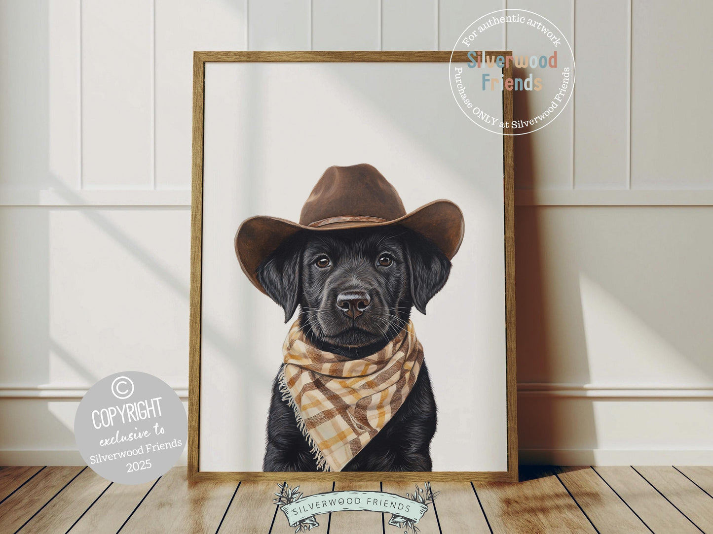 Aww, total cuteness! Add a rustic western touch to your baby’s nursery with our Cowboy Nursery Print, featuring an adorable black Labrador puppy sporting a cowboy hat and a neutral brown check bandana. Perfect for dog-loving families, this sweet artwork brings playful charm and makes a thoughtful baby shower gift.