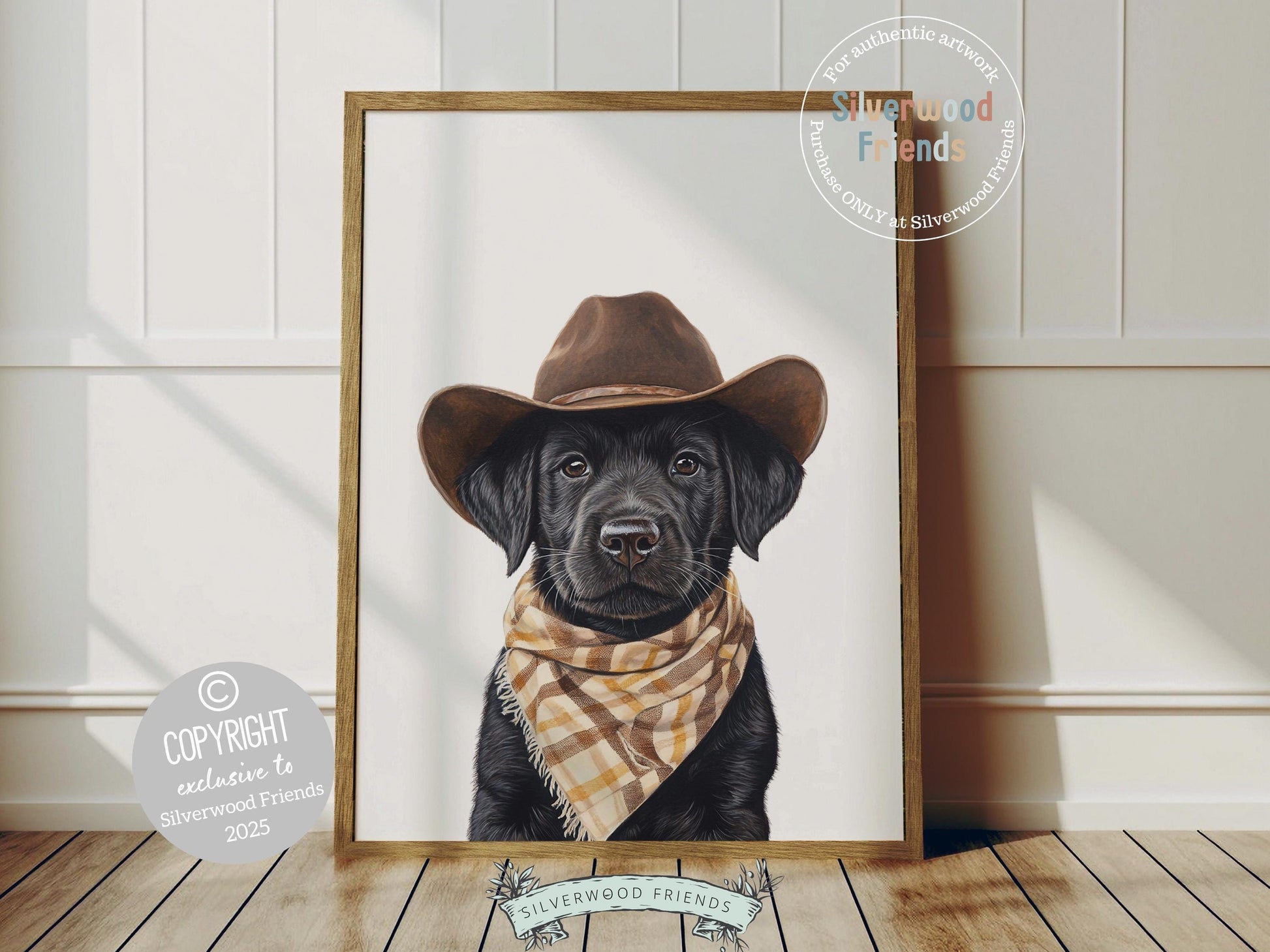 Aww, total cuteness! Add a rustic western touch to your baby’s nursery with our Cowboy Nursery Print, featuring an adorable black Labrador puppy sporting a cowboy hat and a neutral brown check bandana. Perfect for dog-loving families, this sweet artwork brings playful charm and makes a thoughtful baby shower gift.