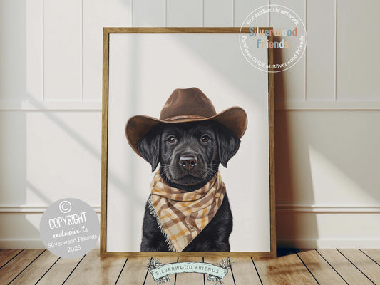 Aww, total cuteness! Add a rustic western touch to your baby’s nursery with our Cowboy Nursery Print, featuring an adorable black Labrador puppy sporting a cowboy hat and a neutral brown check bandana. Perfect for dog-loving families, this sweet artwork brings playful charm and makes a thoughtful baby shower gift.