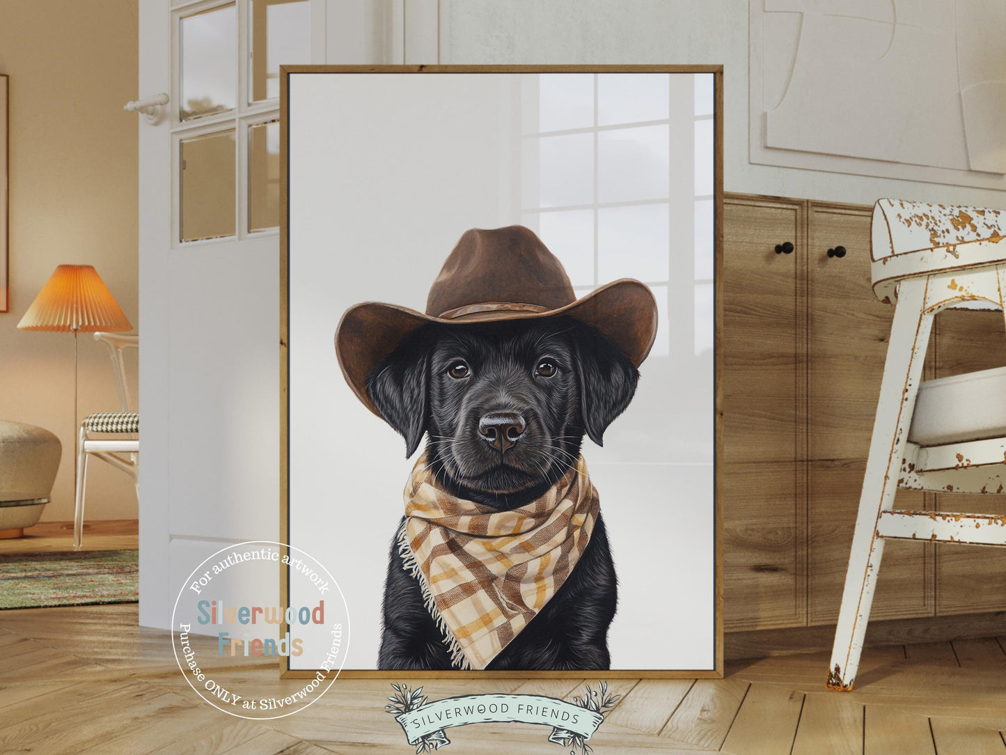 Labrador Dog Cowboy Hat Print,Neutral Cowboy Western Nursery Decor,Cowboy Western Dog Nursery Wall Art,Black Labrador Bandana Digital Print