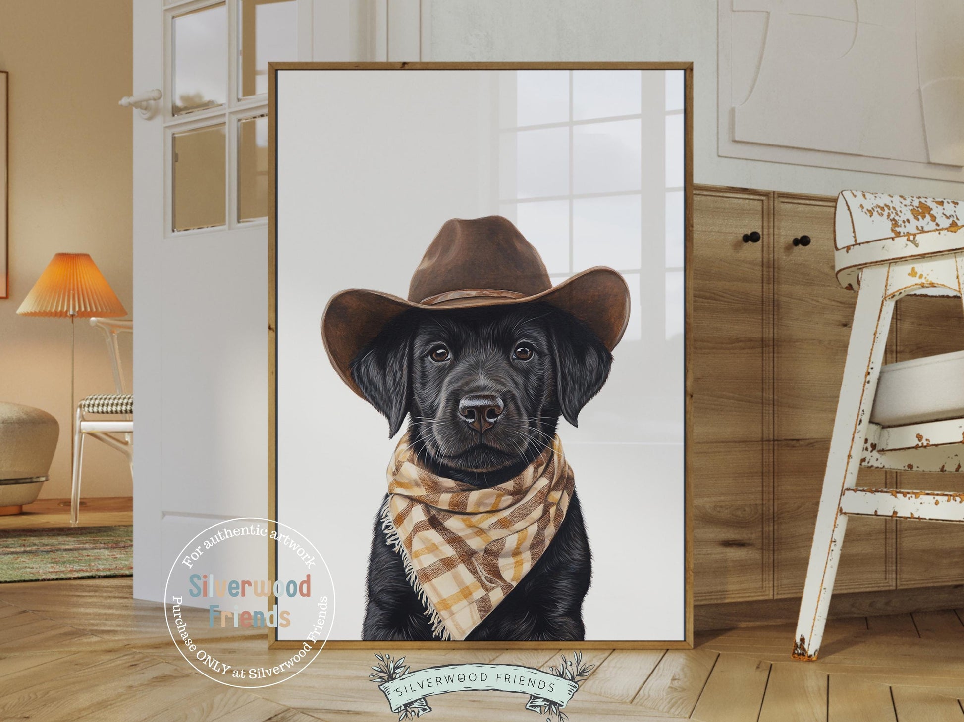 Labrador Dog Cowboy Hat Print,Neutral Cowboy Western Nursery Decor,Cowboy Western Dog Nursery Wall Art,Black Labrador Bandana Digital Print