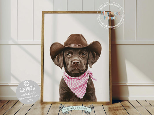 Aww, total cuteness! Add a rustic western touch to your baby girls nursery with our Cowgirl Nursery Print, featuring an adorable chocolate brown Labrador puppy sporting a cowboy hat and a pink check bandana. Perfect for dog-loving families, this sweet artwork brings playful charm and makes a thoughtful baby shower gift.