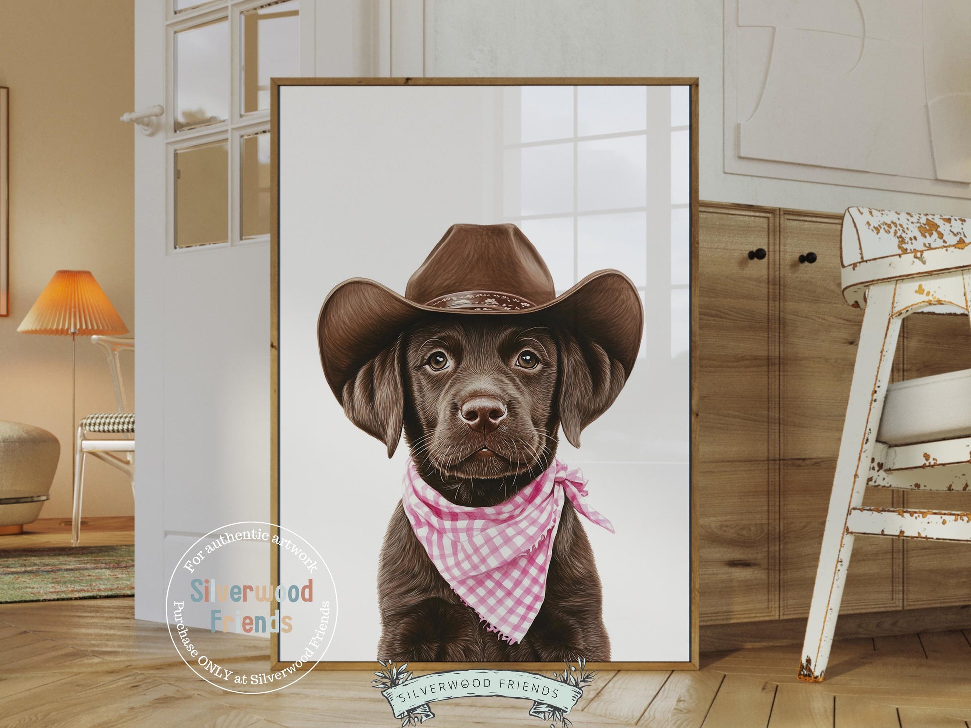 Labrador Dog Cowboy Hat Print, Baby Girl Pink Cowboy Western Nursery Decor, Dog Nursery Wall Art, Pink Cowgirl Labrador Dog Digital Print