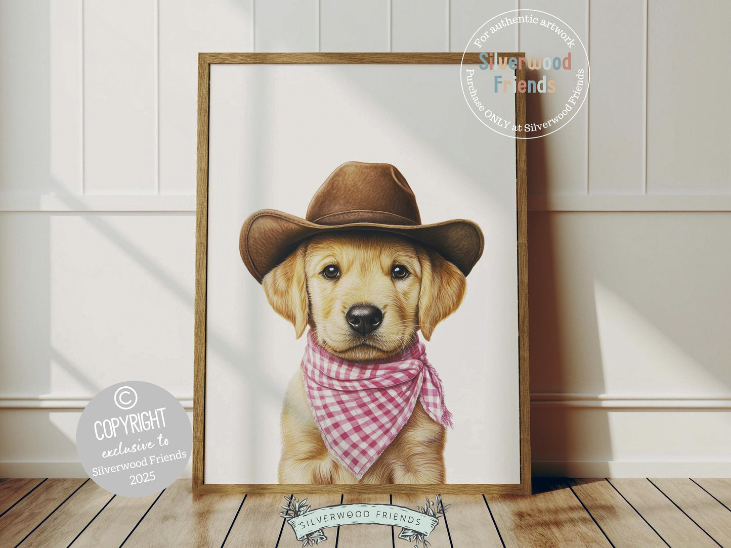 Aww, total cuteness! Add a rustic western touch to your baby girls nursery with our Cowgirl Nursery Print, featuring an adorable yellow Labrador puppy sporting a cowboy hat and a pink check bandana. Perfect for dog-loving families, this sweet artwork brings playful charm and makes a thoughtful baby shower gift.