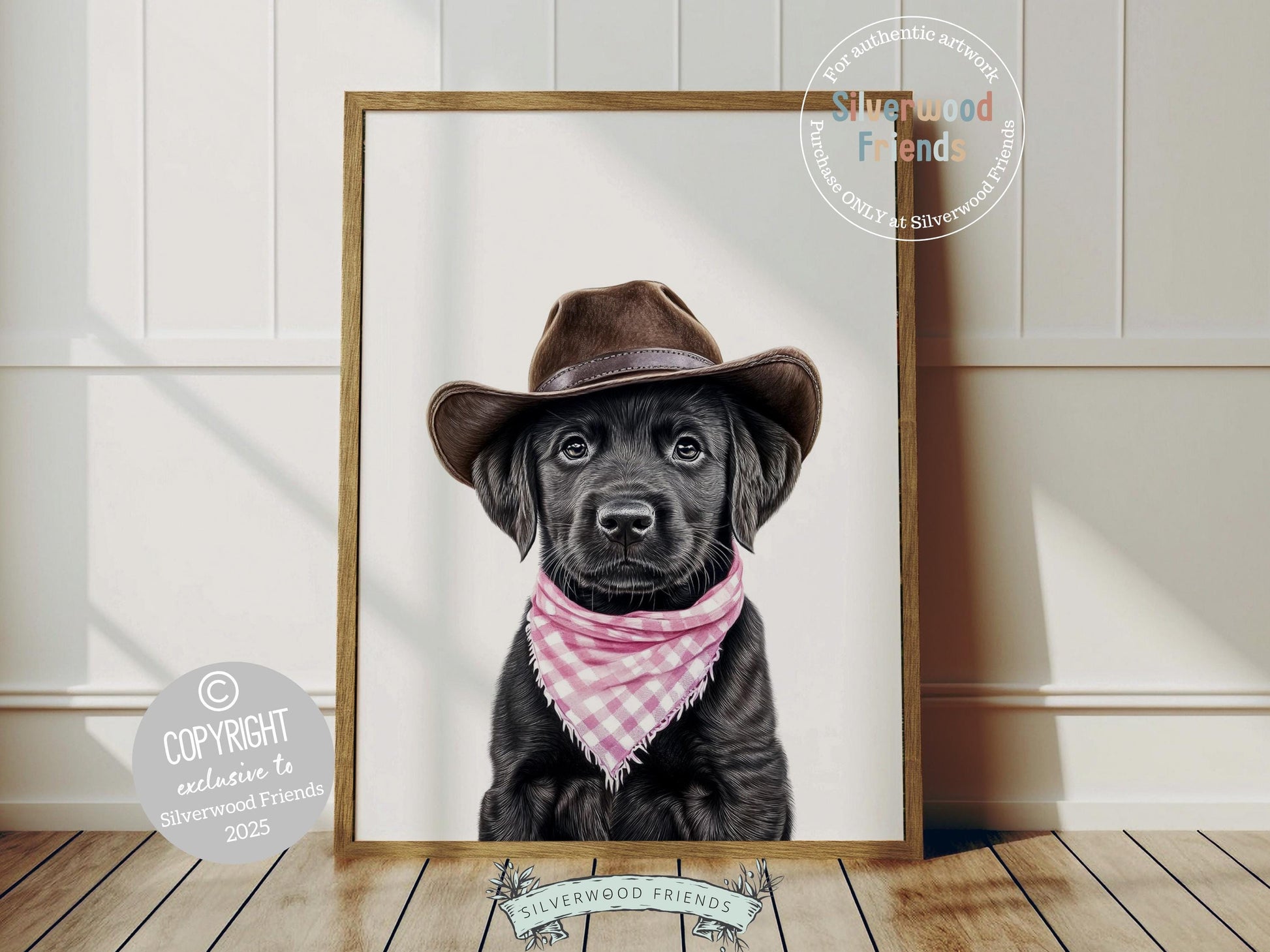 Oh my woof—too cute to handle! Add a dash of rustic charm to your baby girl&#39;s nursery with our Cowgirl Nursery Print, starring an adorable black Labrador puppy in a cowboy hat and sweet pink check bandana. Perfect for dog-loving families, this darling artwork brings western whimsy and makes the sweetest baby shower gift!