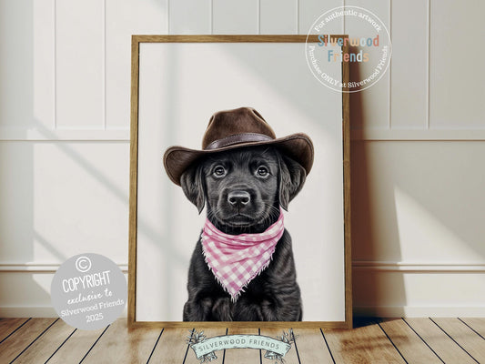 Oh my woof—too cute to handle! Add a dash of rustic charm to your baby girl&#39;s nursery with our Cowgirl Nursery Print, starring an adorable black Labrador puppy in a cowboy hat and sweet pink check bandana. Perfect for dog-loving families, this darling artwork brings western whimsy and makes the sweetest baby shower gift!