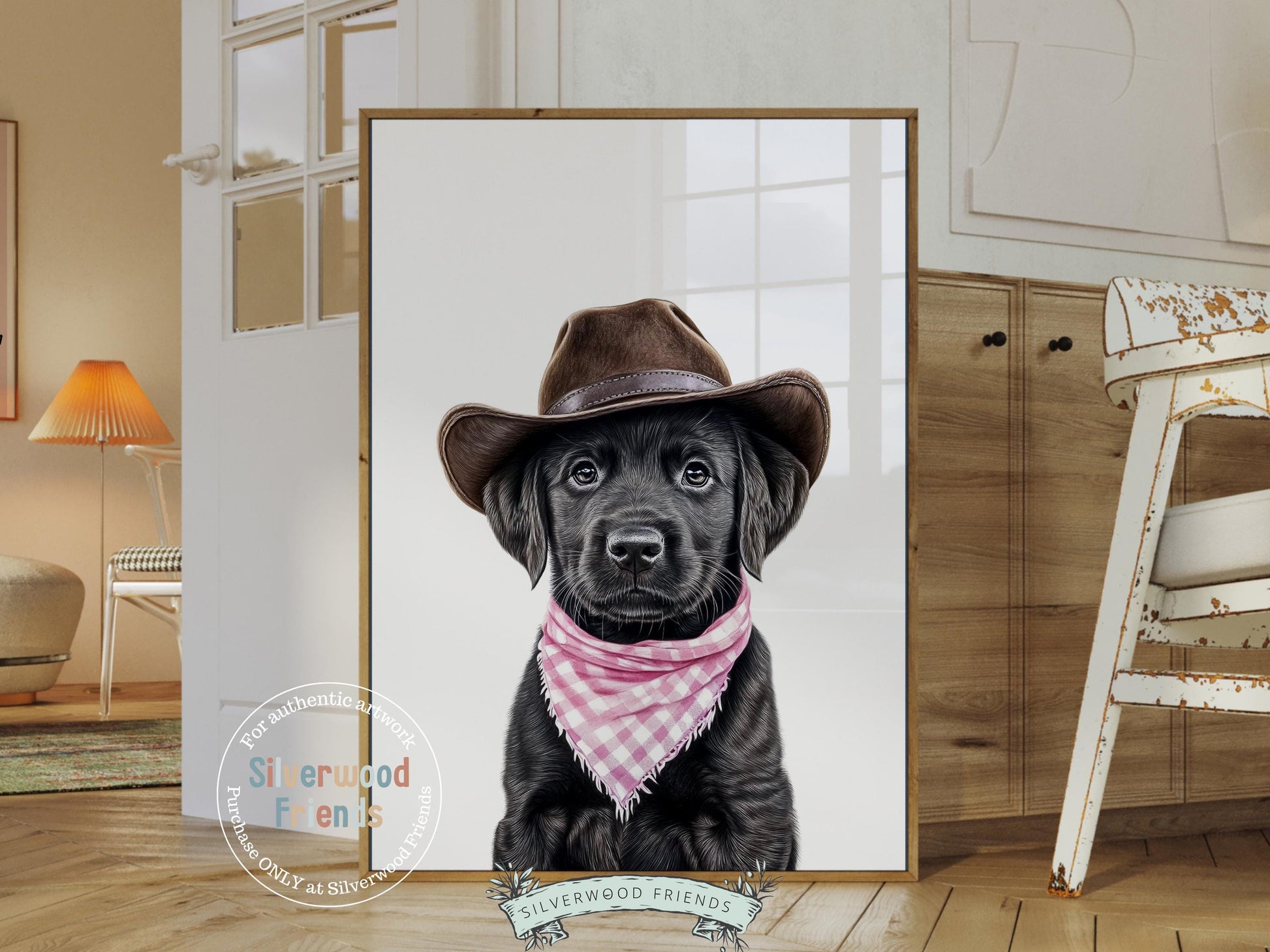 Labrador Dog Cowboy Hat Print, Baby Girl Pink Cowboy Western Nursery Decor, Dog Nursery Wall Art, Pink Cowgirl Labrador Dog Digital Print