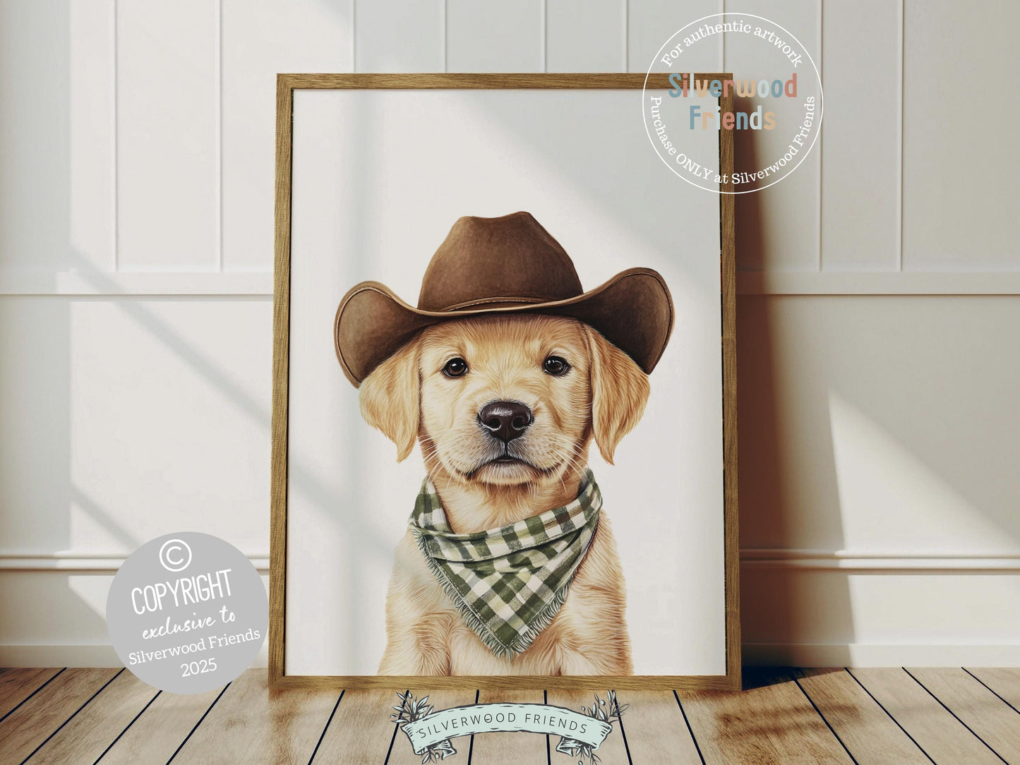 Aww, cuteness overload! Add a dash of western charm to your baby’s nursery with our Cowboy Nursery Print, featuring an irresistibly sweet yellow Labrador puppy in a cowboy hat and sage green check bandana. Perfect for dog-loving families, this delightful artwork adds a playful touch and makes the perfect baby shower gift.