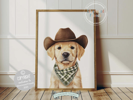 Aww, cuteness overload! Add a dash of western charm to your baby’s nursery with our Cowboy Nursery Print, featuring an irresistibly sweet yellow Labrador puppy in a cowboy hat and sage green check bandana. Perfect for dog-loving families, this delightful artwork adds a playful touch and makes the perfect baby shower gift.