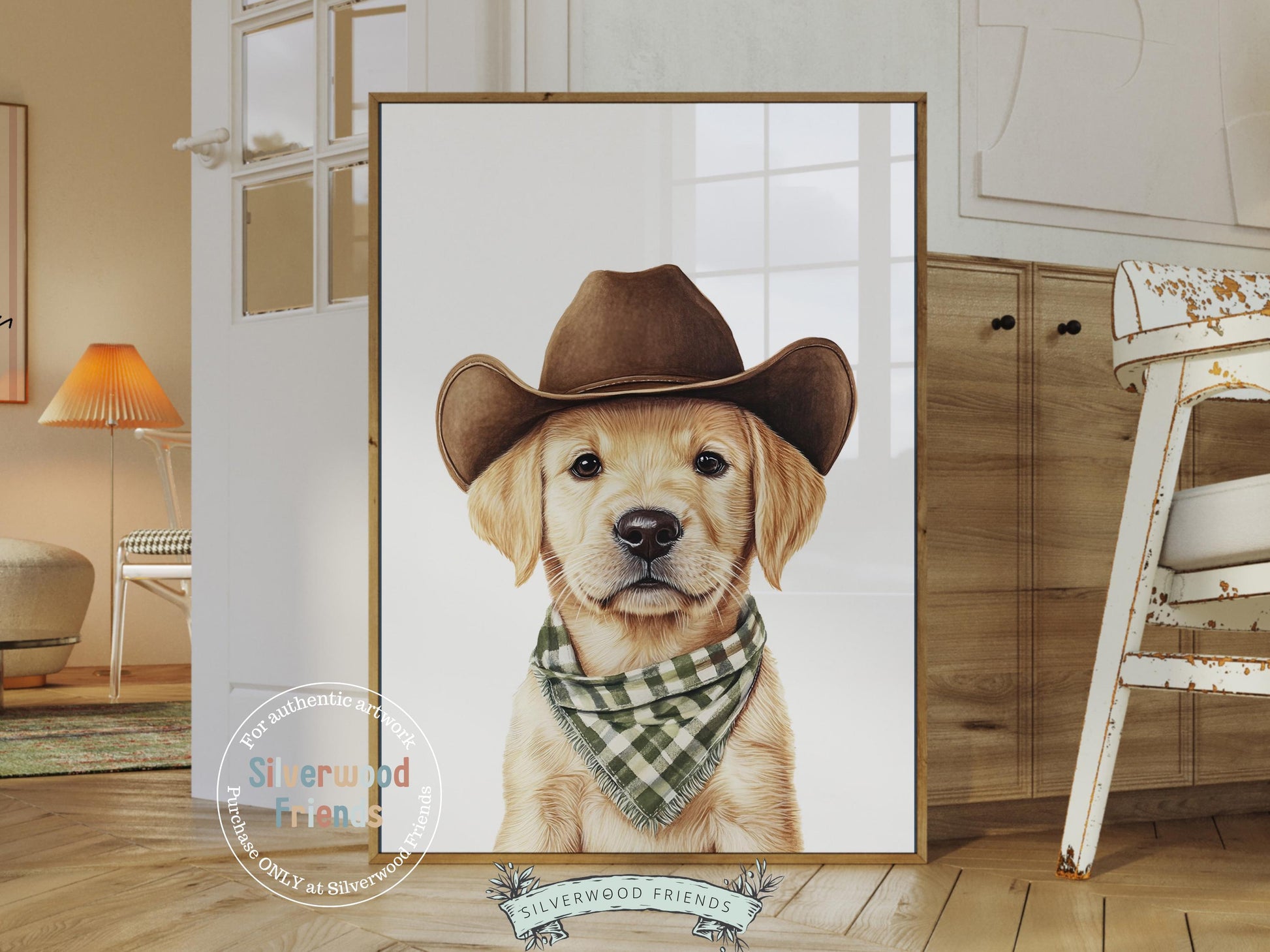 Labrador Dog Cowboy Hat Print, Neutral Cowboy Western Nursery Decor, Sage Green Nursery Wall Art, Mudroom Decor Labrador Dog Digital Print