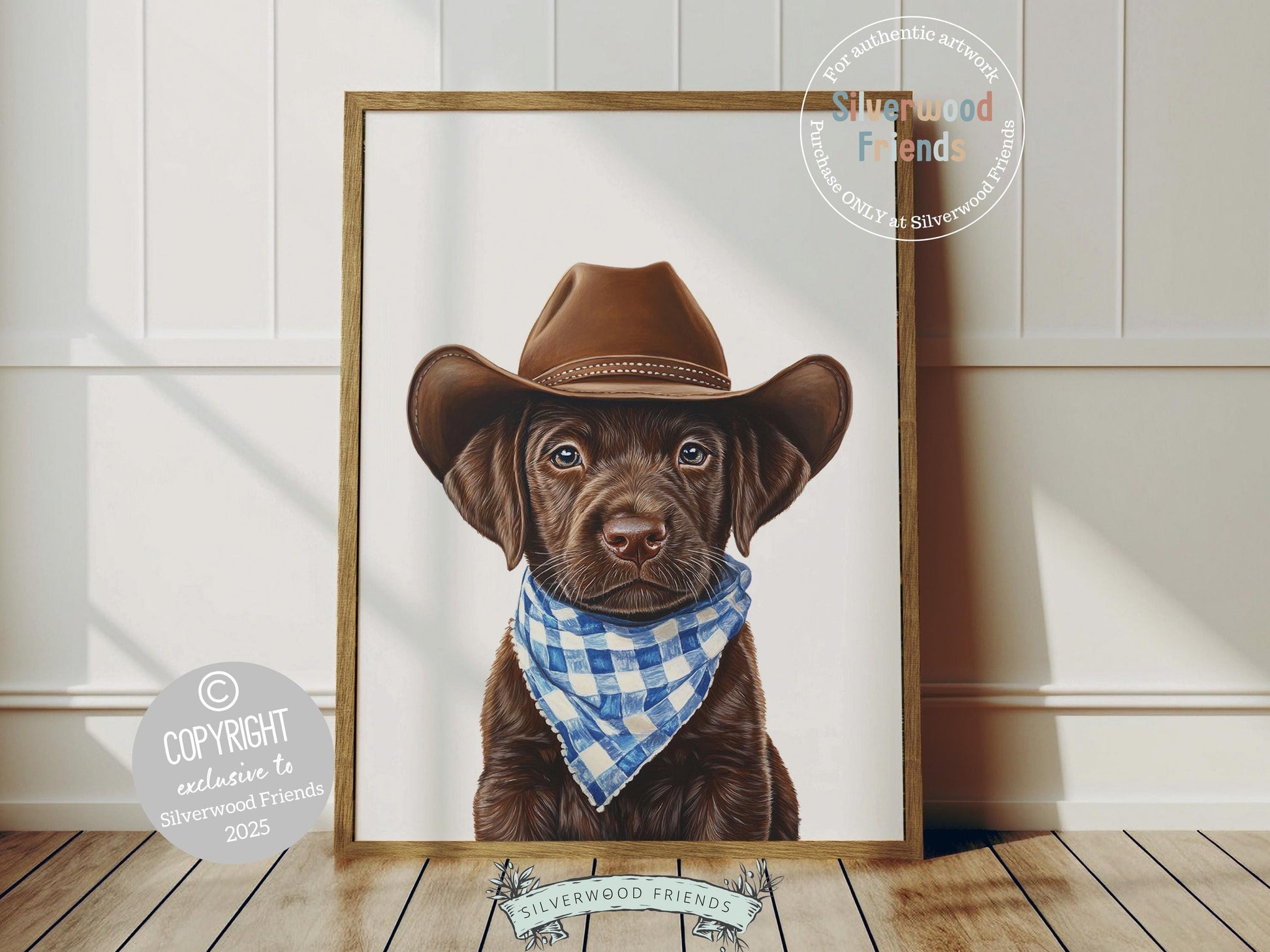 Aww, cuteness overload! Add a dash of western charm to your baby’s nursery with our Cowboy Nursery Print, featuring an irresistibly sweet brown Labrador puppy in a cowboy hat and blue check bandana. Perfect for dog-loving families, this delightful artwork adds a playful touch and makes the perfect baby shower gift.