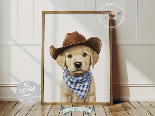 Aww, cuteness overload! Add a dash of western charm to your baby’s nursery with our Cowboy Nursery Print, featuring an irresistibly sweet yellow Labrador puppy in a cowboy hat and blue check bandana. Perfect for dog-loving families, this delightful artwork adds a playful touch and makes the perfect baby shower gift.