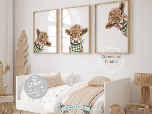 Our Peeking Highland Cow Nursery Prints feature adorable watercolor baby cows wearing green and white plaid bandanas for a sweet farmhouse touch. Part of our BEST SELLING collection exclusive to Silverwood Friends, these prints are perfect for a farm-themed nursery and make a unique baby shower gift that’s sure to be cherished.