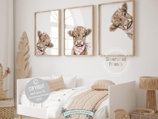 Say hello to our Peeking Highland Cow Nursery Prints—featuring the sweetest little watercolor baby cows all dressed up in pink and white plaid bandanas! Part of our BEST SELLING collection exclusive to Silverwood Friends, these charming prints are perfect for your farm-themed nursery and make the cutest baby shower gift that’s sure to be loved. 🐮