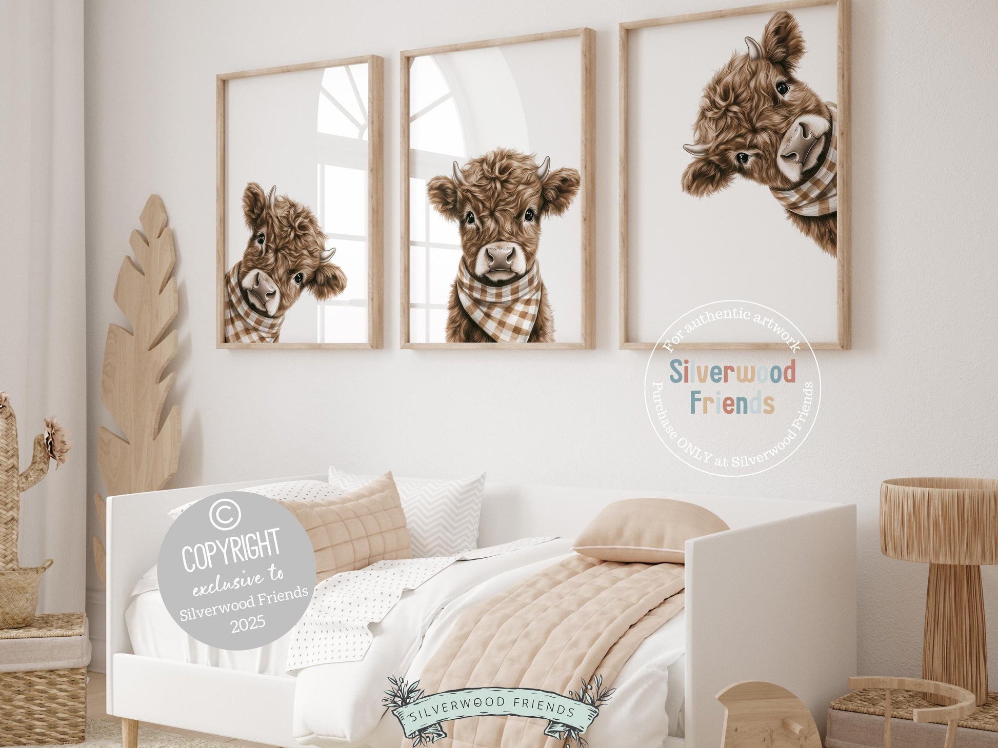Our Peeking Baby Highland Cow Nursery Prints feature adorable baby cows with little horns wearing neutral brown and white plaid bandanas for a sweet farmhouse touch. Part of our BEST SELLING collection exclusive to Silverwood Friends, these prints are perfect for a farm-themed nursery and make a unique gender neutral baby shower gift that’s sure to be cherished.