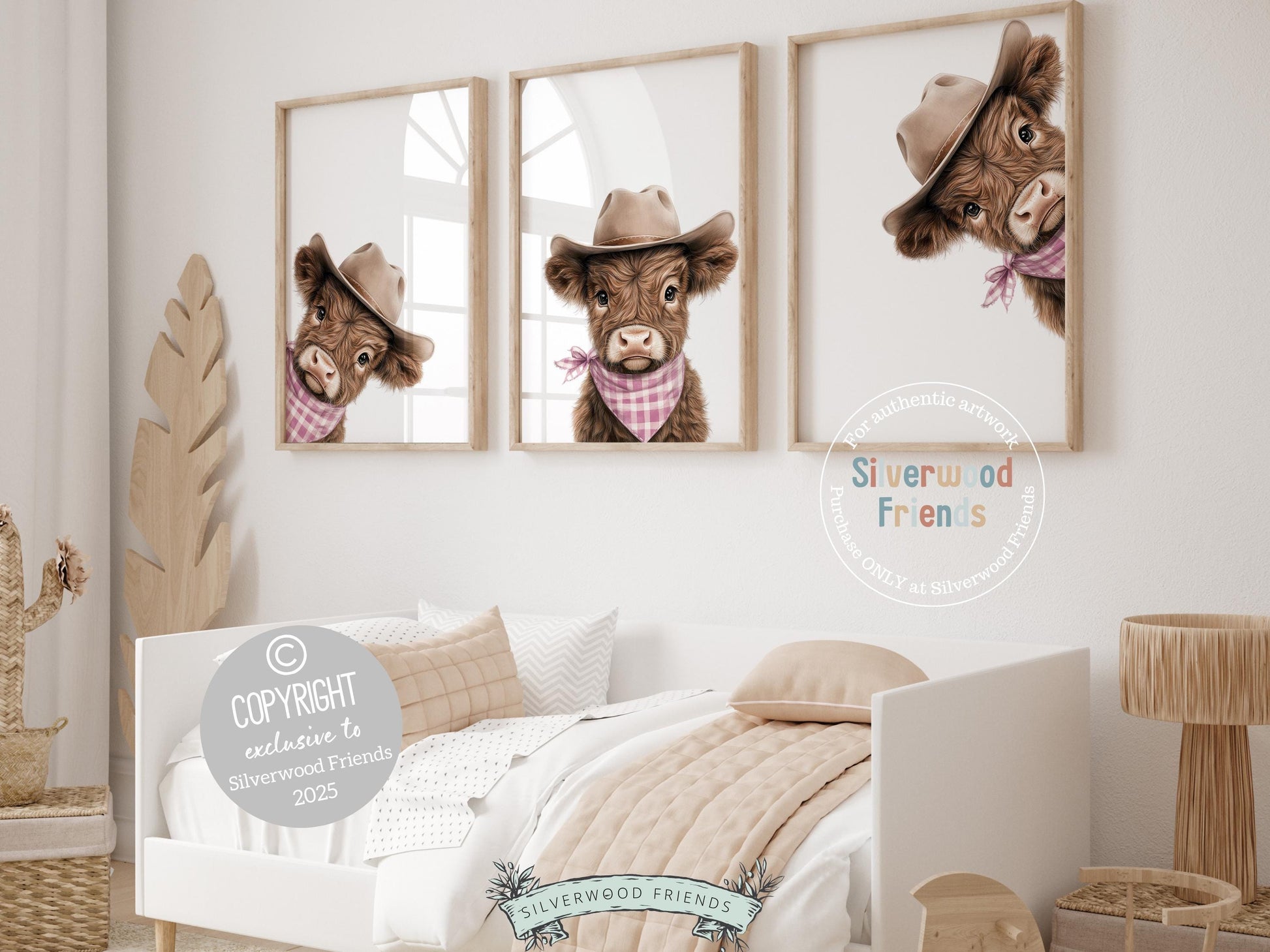 Say hello to our Peeking Highland Cow Nursery Prints—featuring the sweetest little baby cows all dressed up in cowboy hats and pink and white plaid bandanas! Part of our BEST SELLING collection exclusive to Silverwood Friends, these charming prints are perfect for your farm-themed nursery and make the cutest baby shower gift that’s sure to be loved. 🐮