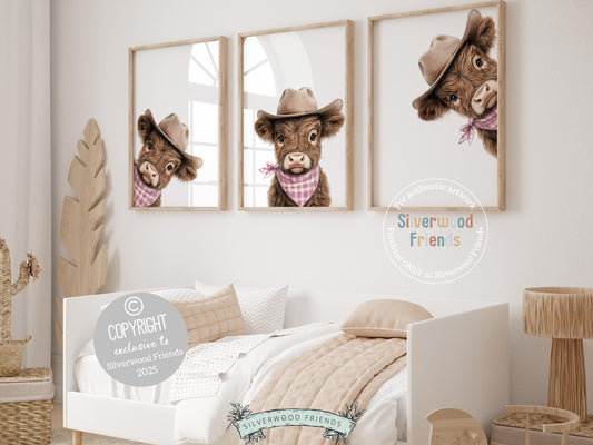 Say hello to our Peeking Highland Cow Nursery Prints—featuring the sweetest little baby cows all dressed up in cowboy hats and pink and white plaid bandanas! Part of our BEST SELLING collection exclusive to Silverwood Friends, these charming prints are perfect for your farm-themed nursery and make the cutest baby shower gift that’s sure to be loved. 🐮