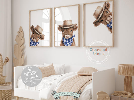 Say hello to our Peeking Highland Cow Nursery Prints—featuring the sweetest little baby cows all dressed up in a cowboy hat and blue and white plaid bandanas! Part of our BEST SELLING collection exclusive to Silverwood Friends, these charming prints are perfect for your farm-themed nursery and make the cutest baby shower gift that’s sure to be loved. 🐮💙