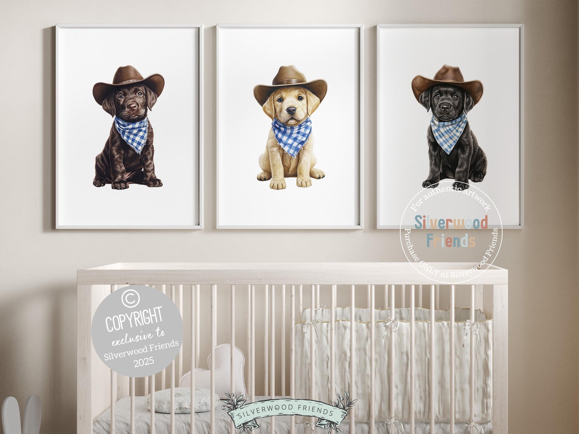 Cuteness overload! Add rustic charm to your baby’s nursery with our Cowboy Nursery Prints, featuring lovable chocolate, yellow, and black Labrador puppies sitting all dressed in cowboy hats and blue check bandanas. Perfect for dog-loving families, this heartwarming artwork brings a fun western vibe and makes a unique, thoughtful baby shower gift.