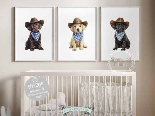 Cuteness overload! Add rustic charm to your baby’s nursery with our Cowboy Nursery Prints, featuring lovable chocolate, yellow, and black Labrador puppies sitting all dressed in cowboy hats and blue check bandanas. Perfect for dog-loving families, this heartwarming artwork brings a fun western vibe and makes a unique, thoughtful baby shower gift.