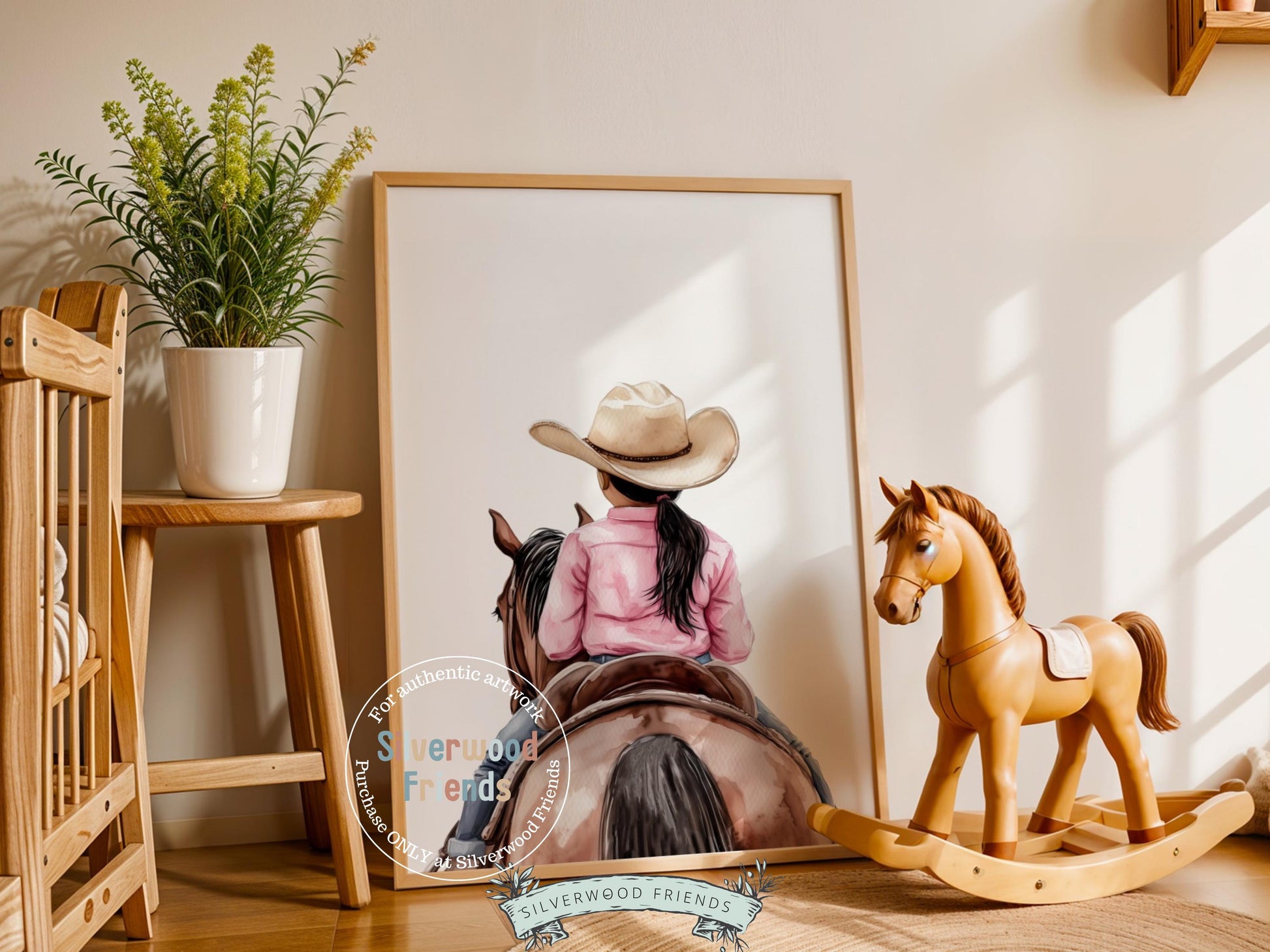 Cowgirl Nursery Print, Cowgirl Nursery Decor, Baby Girl Western Nursery Decor, Little Black Hair Girl Horse Riding Nursery Digital Print