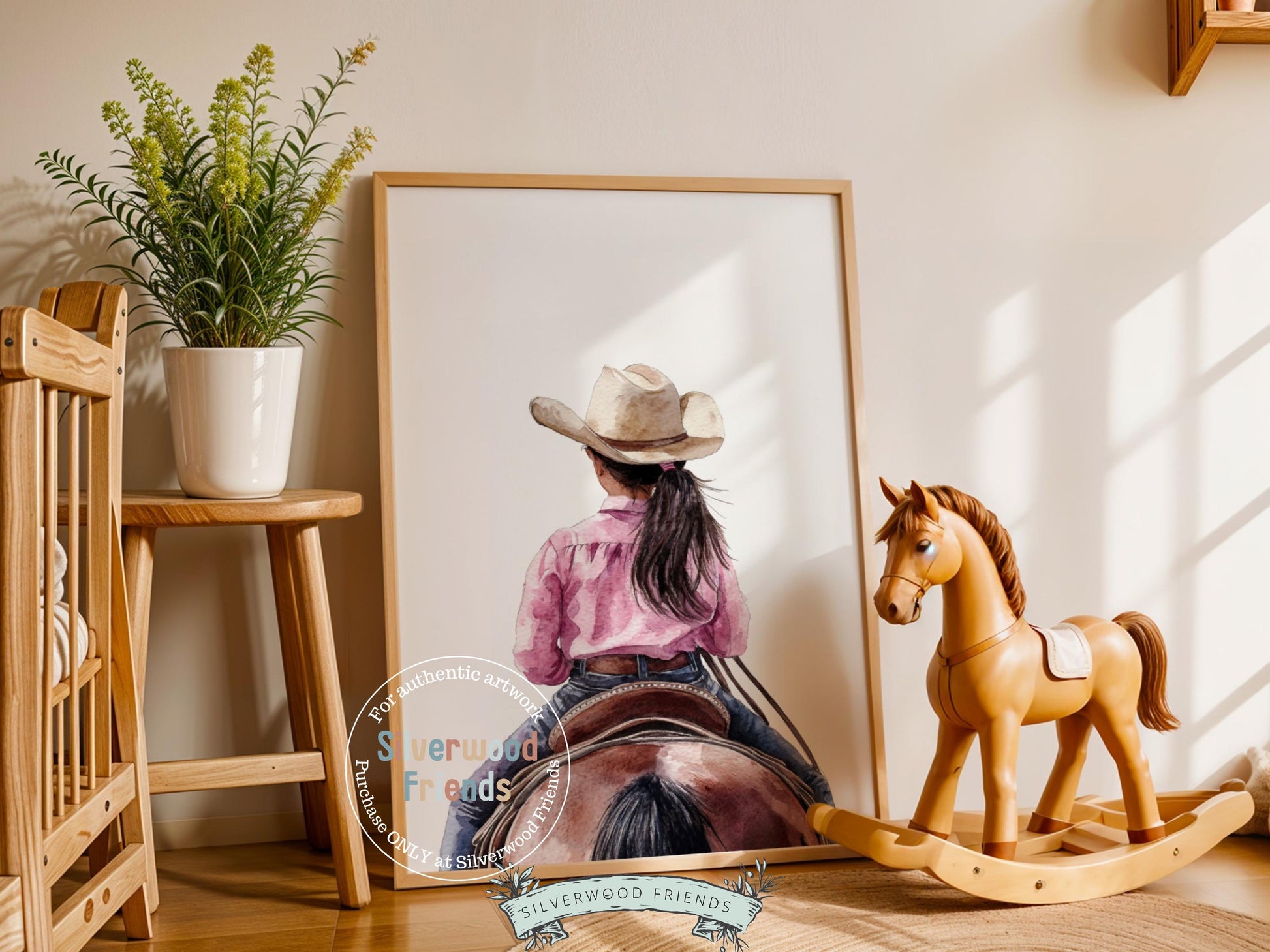 Cowgirl Nursery Print, Cowgirl Nursery Decor, Baby Girl Western Nursery Decor, Little Black Hair Girl Horse Riding Nursery Digital Print