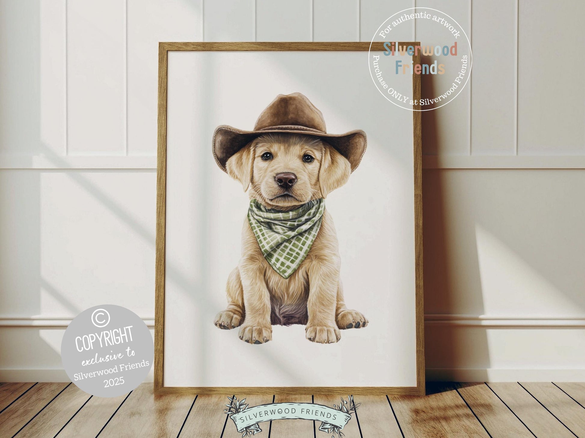 Yeehaw, meet your nursery’s newest little cowboy! Our Cowboy Nursery Print features an irresistibly sweet blonde Labrador puppy nestled in a cowboy hat, sporting a sage green check bandana. A perfect pick for dog-loving families, this charming artwork adds western warmth and makes a darling baby shower gift. 🐶