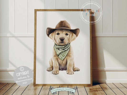 Yeehaw, meet your nursery’s newest little cowboy! Our Cowboy Nursery Print features an irresistibly sweet blonde Labrador puppy nestled in a cowboy hat, sporting a sage green check bandana. A perfect pick for dog-loving families, this charming artwork adds western warmth and makes a darling baby shower gift. 🐶