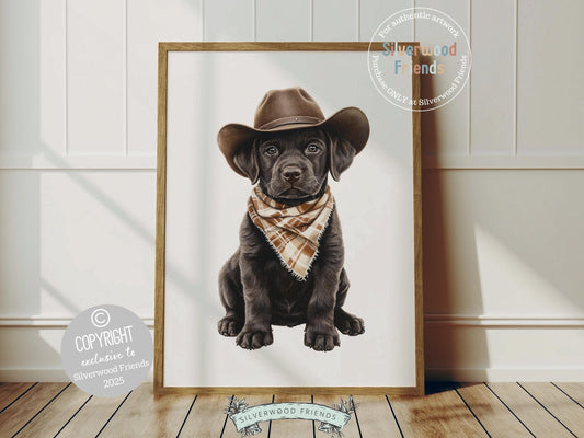 Giddy up! Say hello to your nursery’s cutest little cowboy—a sweet chocolate brown Labrador puppy cozied up in a cowboy hat and rocking a brown check bandana. Perfect for dog-loving families, this western-inspired print adds a touch of rustic charm and makes an unforgettable baby shower gift. 🐾🤎🤠