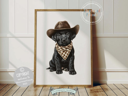 Howdy, little wrangler! This charming nursery print features an adorable black Labrador puppy nestled in a cowboy hat, sporting a brown check bandana for that perfect western flair. A must-have for dog-loving families, it brings cozy country charm to any space and makes a thoughtful baby shower gift. 🐶🤠🖤