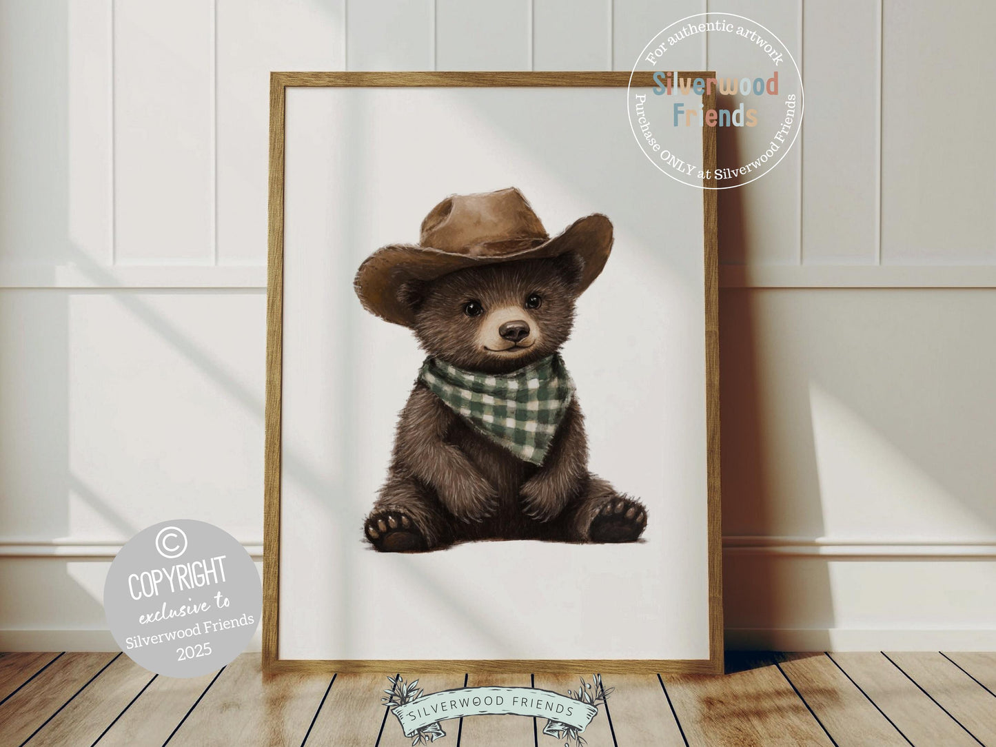 Our charming minimalist Bear Nursery Print features an adorable brown bear donning a cowboy hat and green plaid bandana—ready for a little wild west adventure! Perfect for bear-themed or western-style nurseries, this sweet print also makes a one-of-a-kind baby shower gift for your little cowboy or cowgirl.
