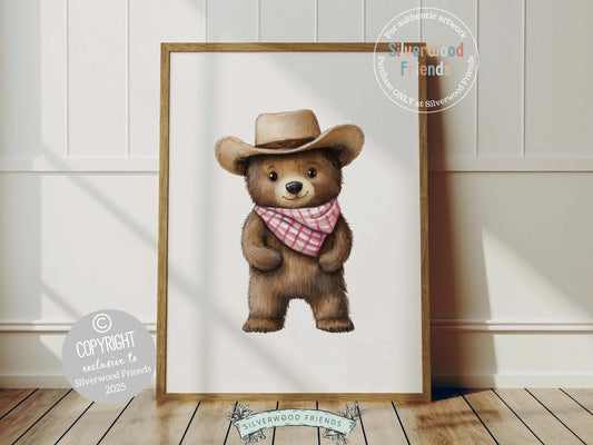 Our charming minimalist Bear Nursery Print features an adorable brown bear donning a cowboy hat and pink plaid bandana—ready for a little wild west adventure! Perfect for bear-themed or western-style nurseries, this sweet print also makes a one-of-a-kind baby shower gift for your little cowgirl.
