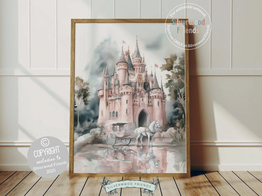 Transform your baby girl’s nursery into a storybook dream with our enchanting Princess Nursery Print, featuring a whimsical castle and a regal horse and carriage. Perfect for a princess-themed bedroom, this magical artwork sparks imagination and brings a graceful fairytale charm to her space. 👑🐴✨