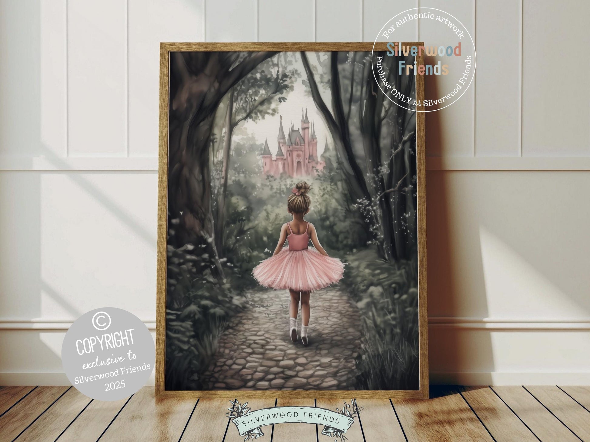 Bring a touch of fairytale magic to your baby girl’s nursery with our enchanting Princess Nursery Print, featuring a sweet ballerina walking toward a hidden castle in the woods. Perfect for a princess-themed space, this dreamy artwork captures the wonder of childhood and the charm of storybook adventures. 👑