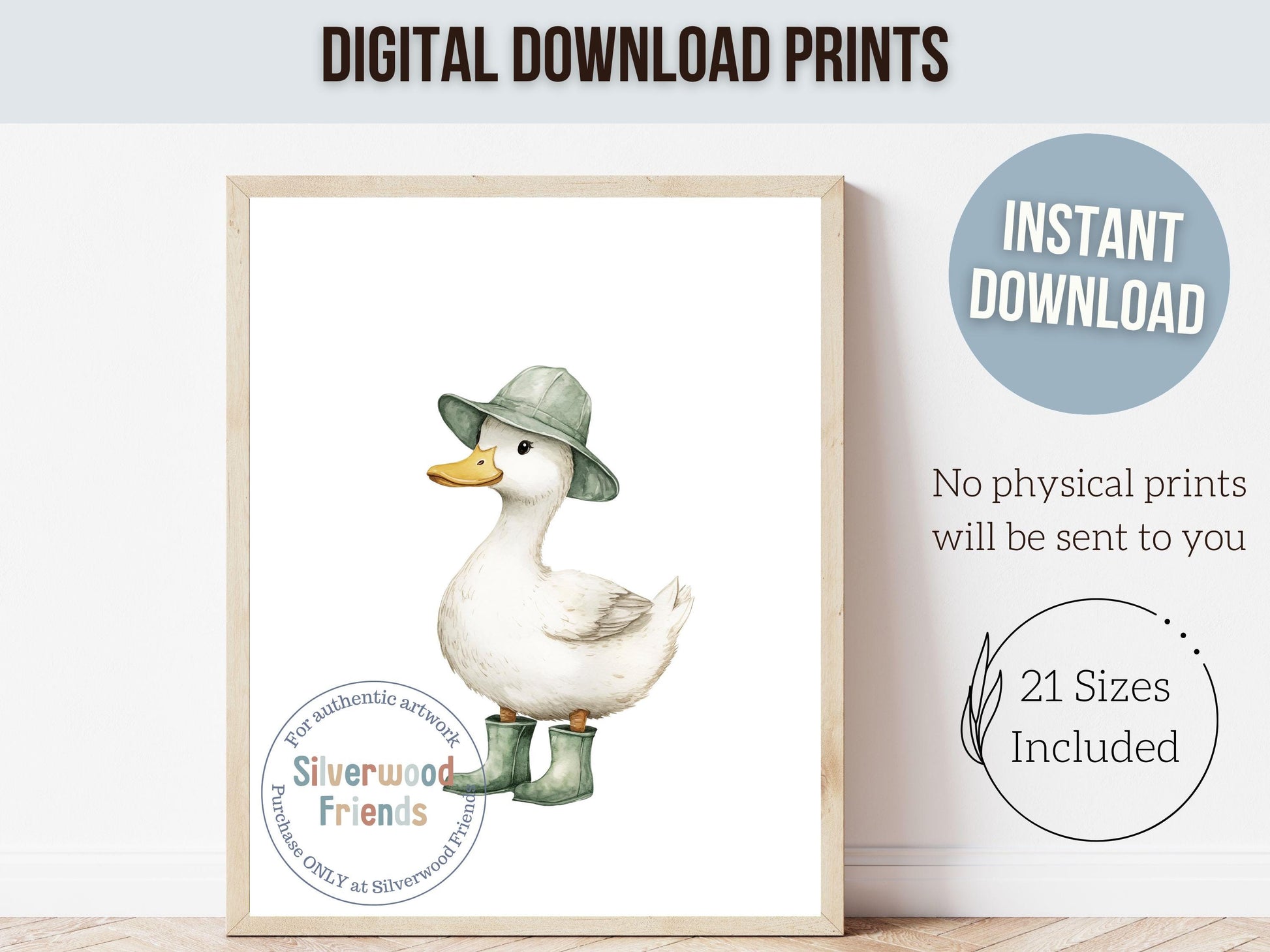 Baby Farm Animal Nursery Prints, Sage Green Highland Cow Western Nursery Decor, Kids Green Nursery Wall Art Duck in Rainboots Digital Print