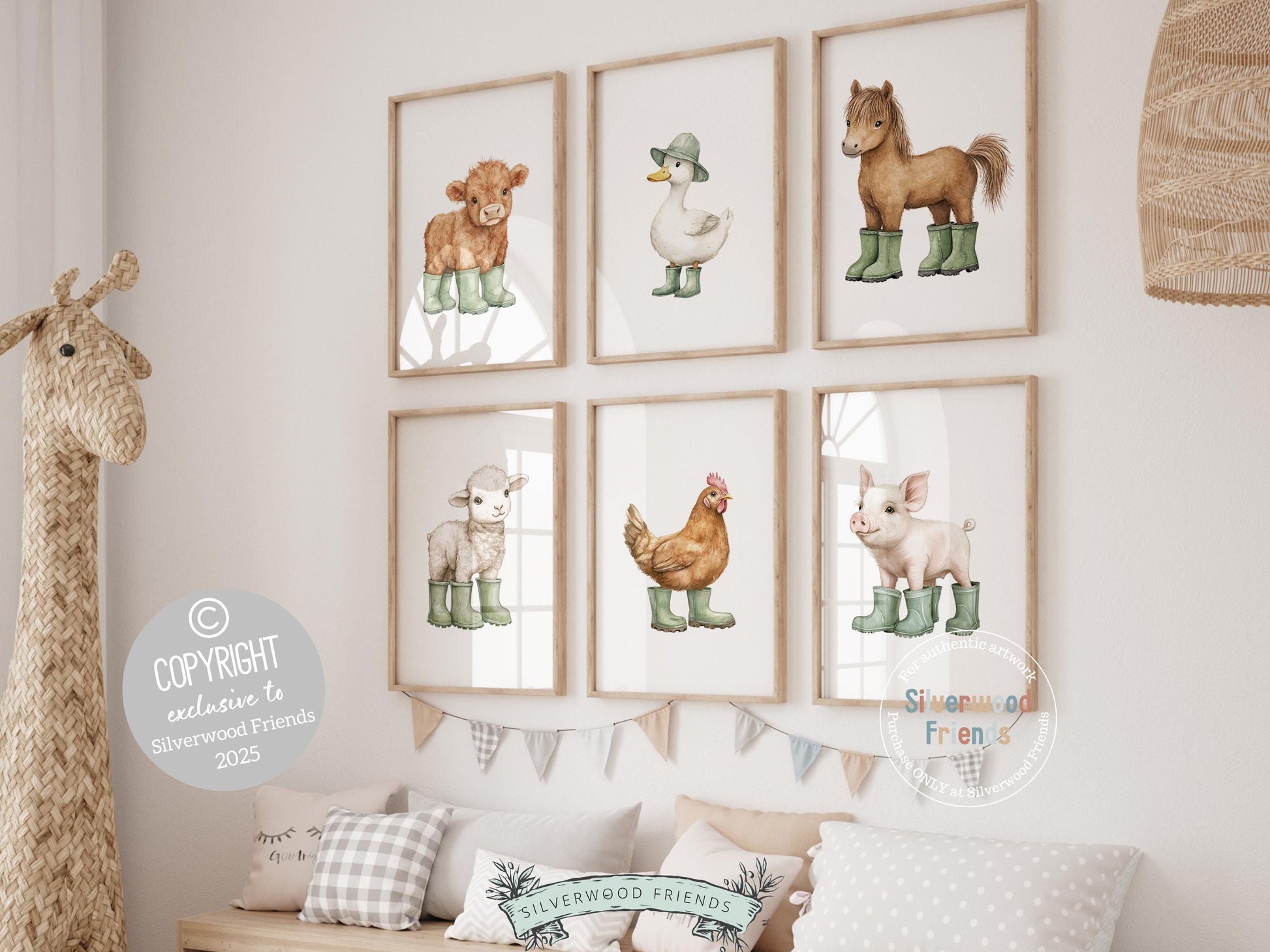 Add a splash of rustic charm and playful whimsy to your space with our adorable set of 6 baby farm animal nursery prints! Featuring sweet watercolor animals—Highland cow, duck, horse, lamb, chicken, and piglet—all in sage green rain boots, this versatile collection is perfect for nursery decor, farmhouse mudroom wall art, and makes an irresistibly cute gender-neutral farm baby shower gift. 🐮🐥🐴🌿
