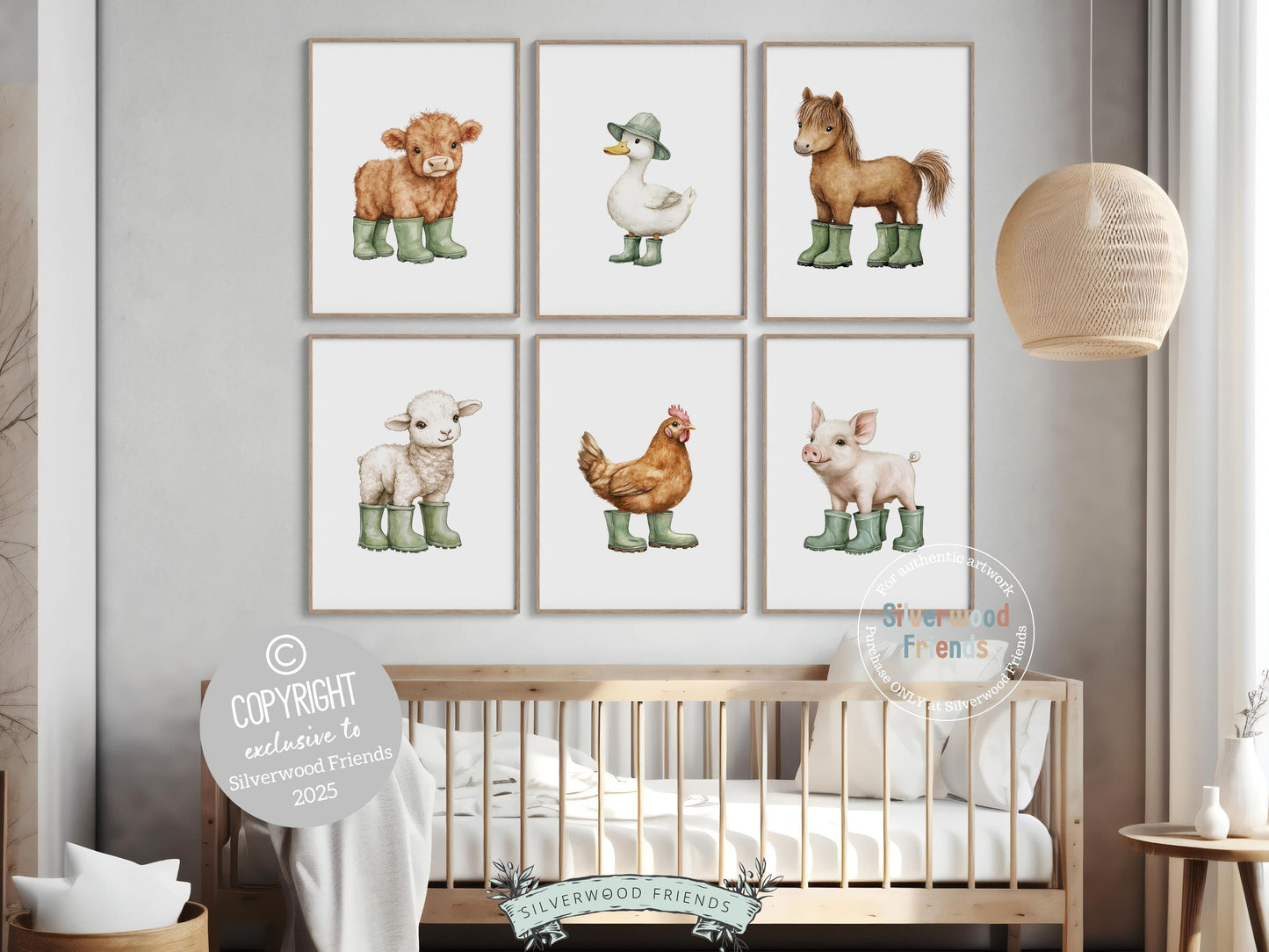 Baby Farm Animal Nursery Prints, Sage Green Highland Cow Western Nursery Decor, Kids Green Nursery Wall Art Duck in Rainboots Digital Print