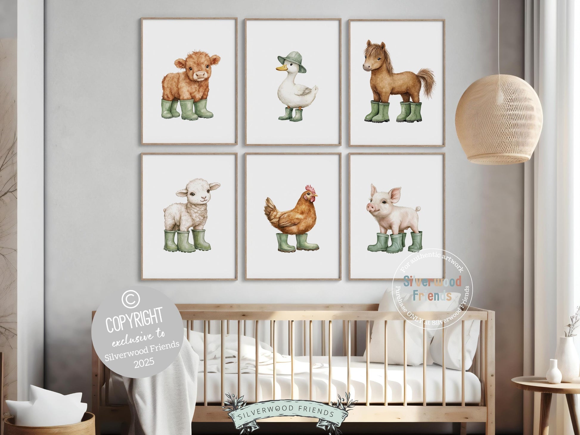 Baby Farm Animal Nursery Prints, Sage Green Highland Cow Western Nursery Decor, Kids Green Nursery Wall Art Duck in Rainboots Digital Print