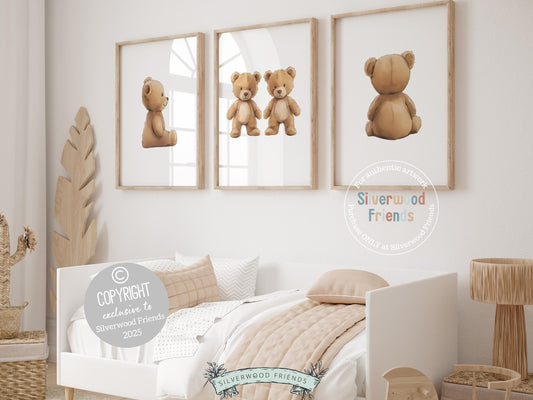 Our delightful minimalist Set of 3 Teddy Bear Nursery Prints features adorable brown twin teddy bears with beige and white chinoiserie stripes. Perfect for your baby boy&#39;s bear nursery decor or woodland nursery decor and also makes a unique baby shower gift for twins.