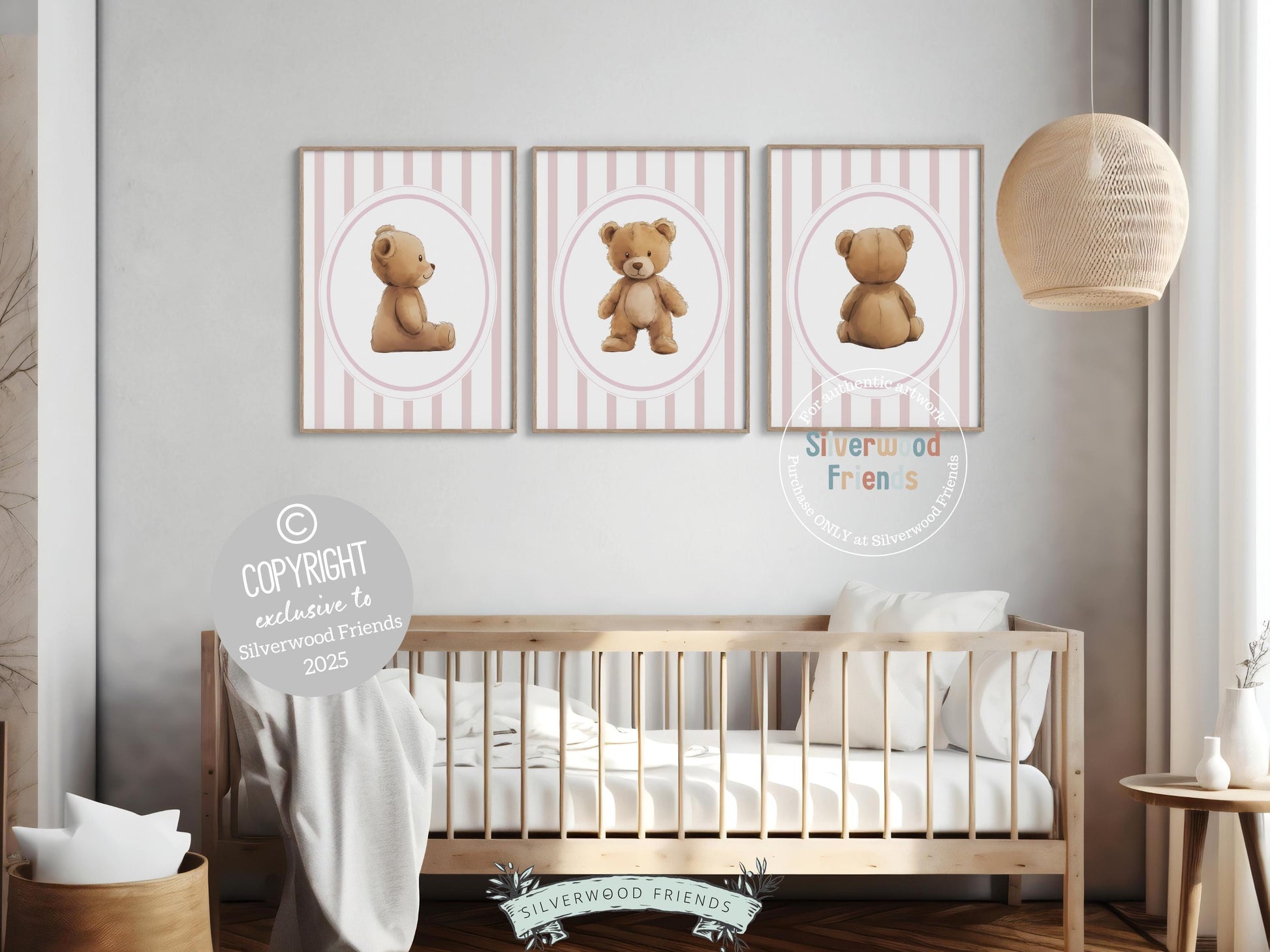 Baby Bear Nursery Prints, Baby Girl Pink Woodland Bear Nursery Decor, Teddy Bear Nursery Wall Art, Baby Girl Woodland Animal Digital Prints