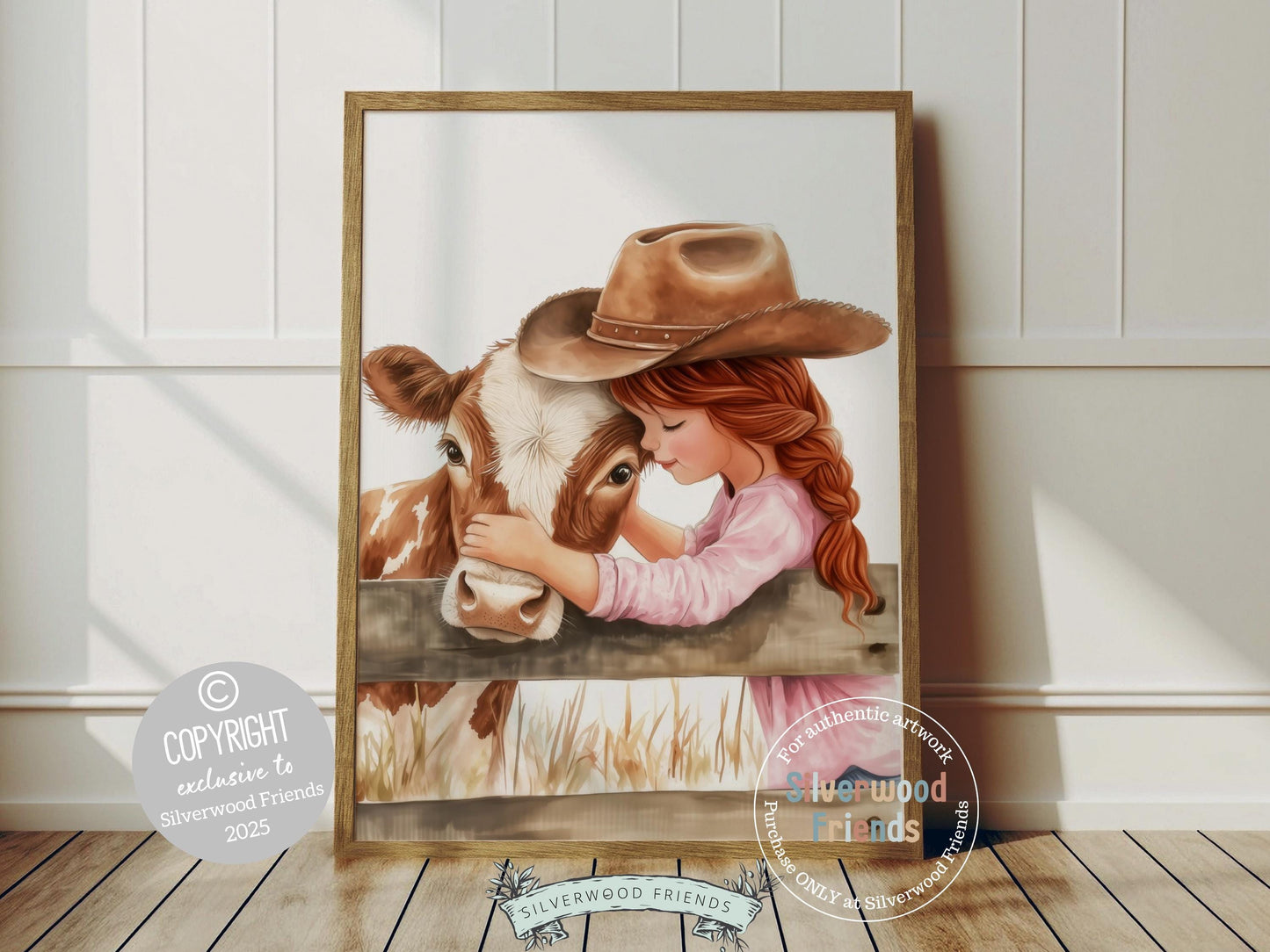 This charming watercolor print captures a sweet moment between a little cowgirl and her beloved cow, bringing warmth and rustic charm to any space. Perfect for western themed nurseries or kids&#39; farmhouse bedrooms, it also makes a heartfelt baby shower gift to be treasured for years to come!