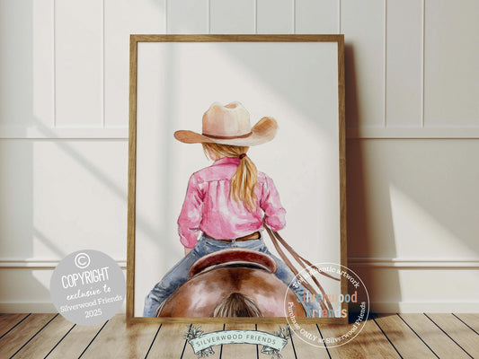 Immerse yourself in the timeless bond between cowgirl and horse with our enchanting watercolor print, depicting a little blonde girl riding her beloved brown horse.