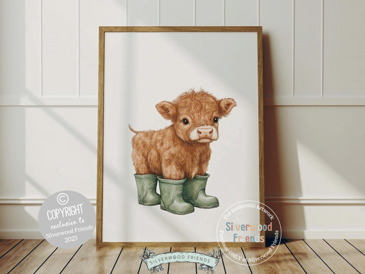 Highland Cow Nursery Print, Sage Green Highland Cow Nursery Decor, Watercolor Highland Cow Gift, Kids Farm Bedroom Wall Decor Digital Print