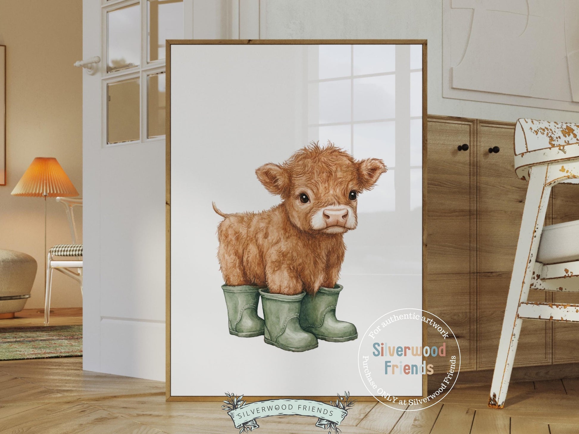 Highland Cow Nursery Print, Sage Green Highland Cow Nursery Decor, Watercolor Highland Cow Gift, Kids Farm Bedroom Wall Decor Digital Print
