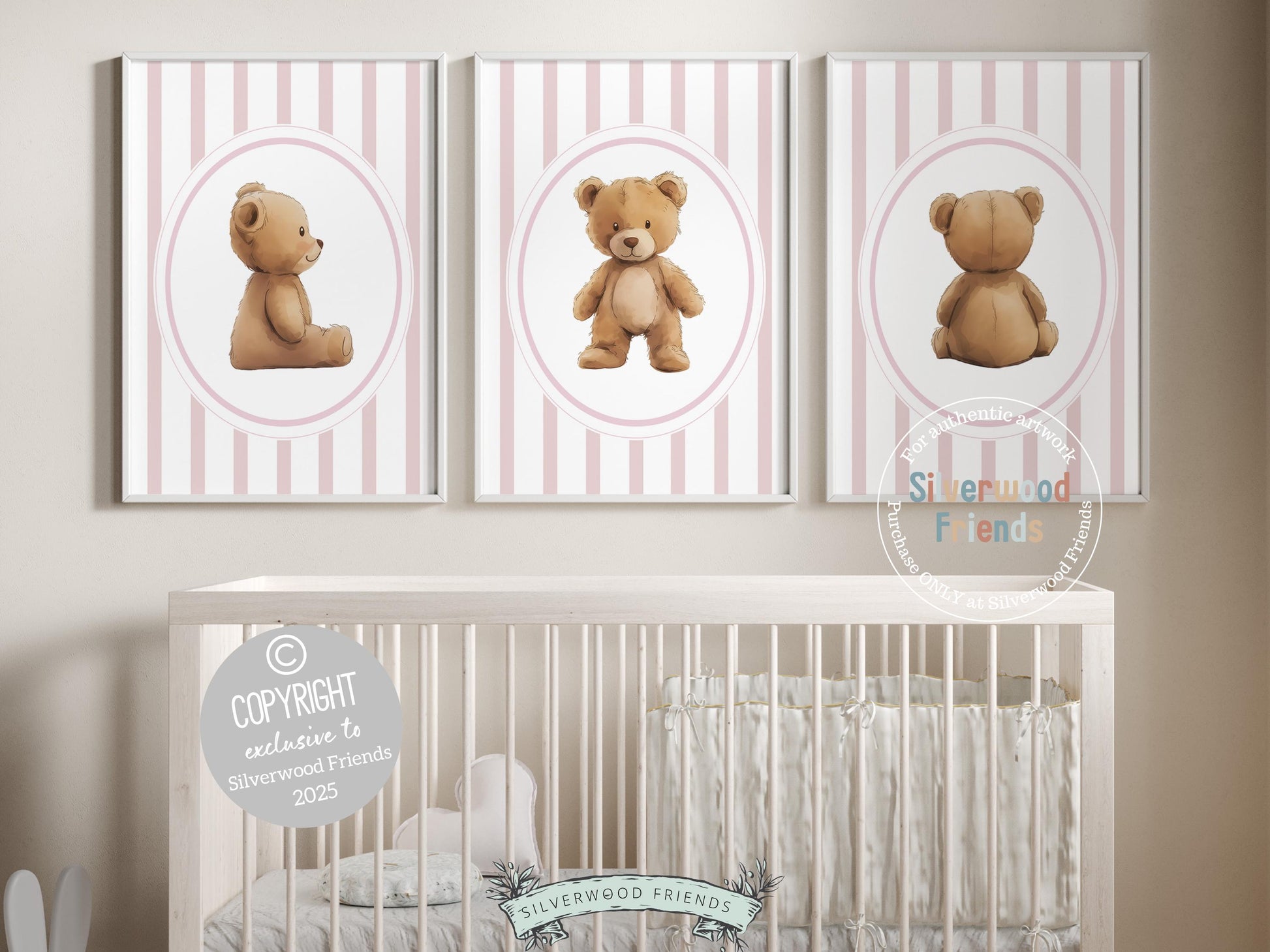 Baby Bear Nursery Prints, Baby Girl Pink Woodland Bear Nursery Decor, Teddy Bear Nursery Wall Art, Baby Girl Woodland Animal Digital Prints