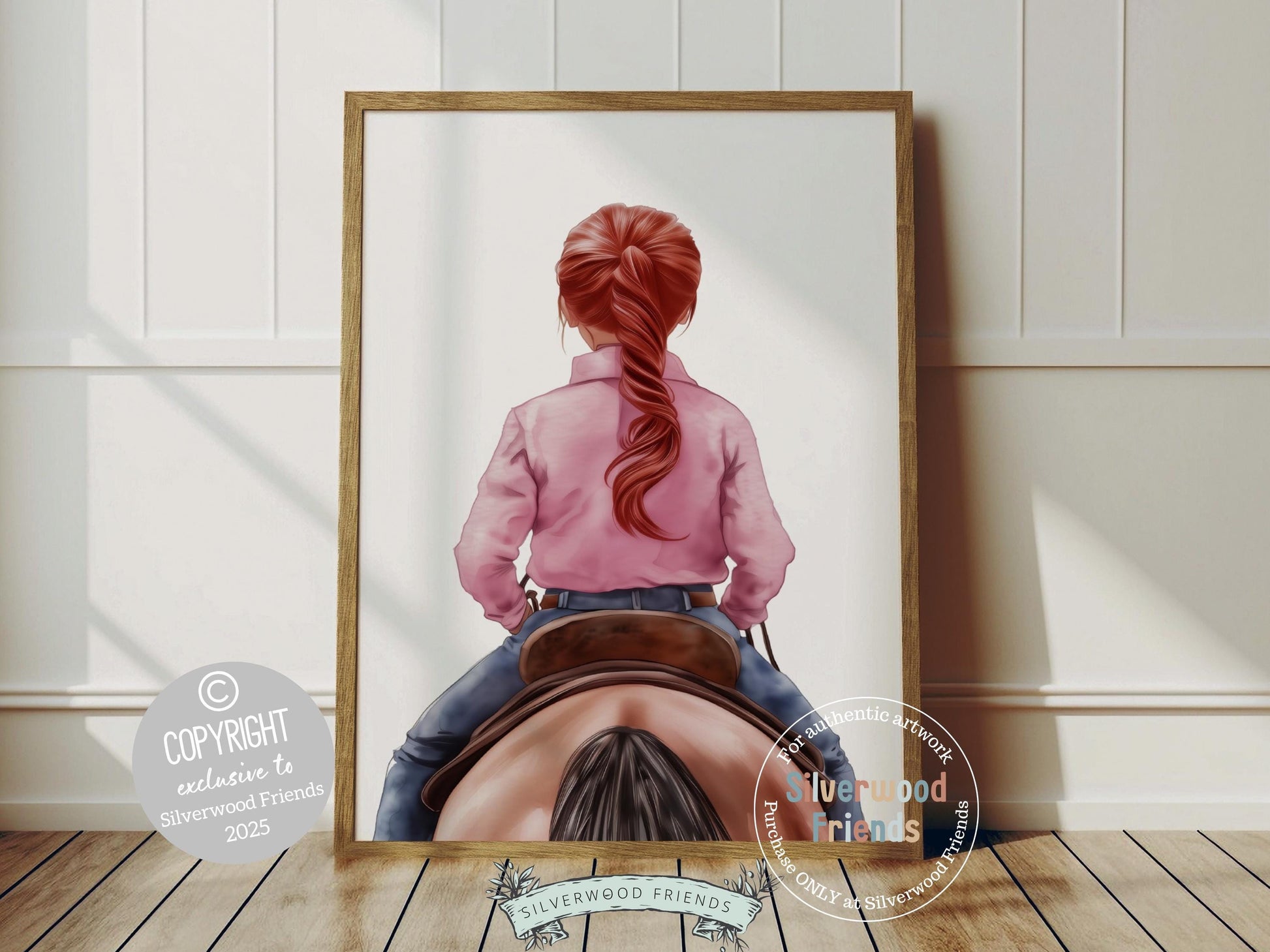 Immerse yourself in the timeless bond between cowgirl and horse with our enchanting watercolor print, depicting a little red haired girl riding her horse.