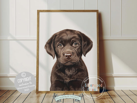 Aww, cuteness overload! This adorable brown Labrador puppy print brings a playful pop of charm to any space—perfect for nurseries, dog-loving homes, or as a sweet gift for baby showers and pup enthusiasts alike.