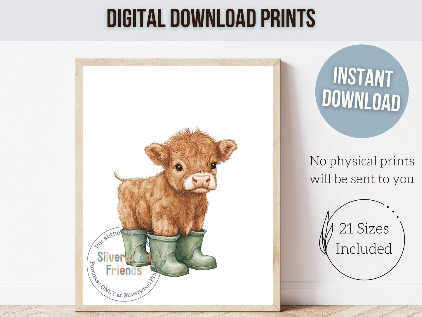 Highland Cow Nursery Print, Sage Green Highland Cow Nursery Decor, Watercolor Highland Cow Gift, Kids Farm Bedroom Wall Decor Digital Print