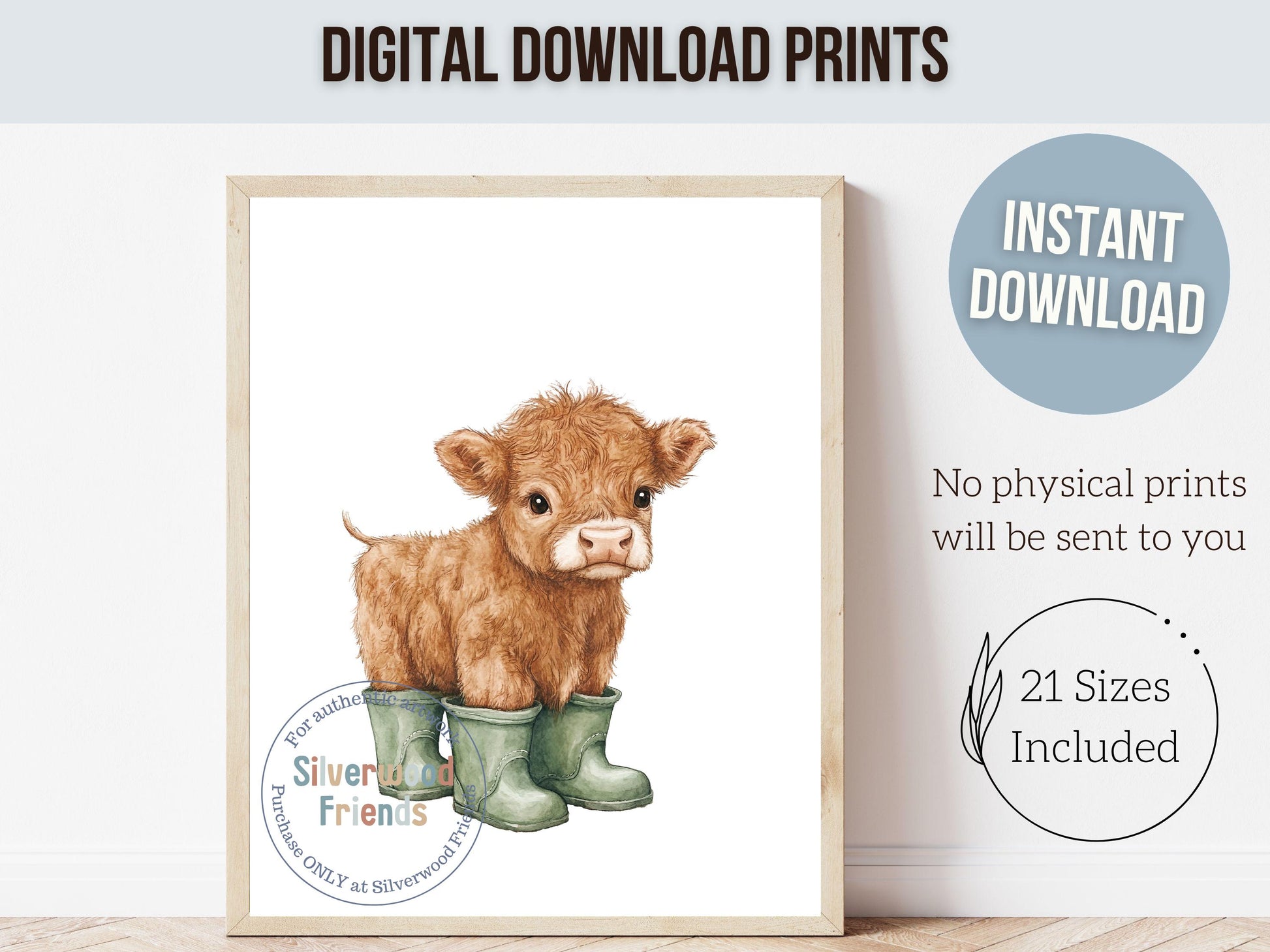 Highland Cow Nursery Print, Sage Green Highland Cow Nursery Decor, Watercolor Highland Cow Gift, Kids Farm Bedroom Wall Decor Digital Print